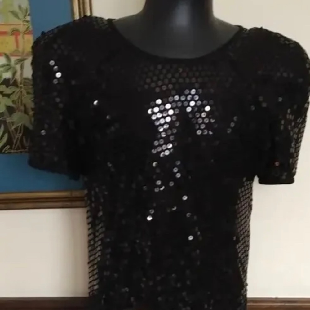 Womens LIZ CLAIBORNE Black  Sequin Cocktail Formal Dress 14 Evening Short Sleeve